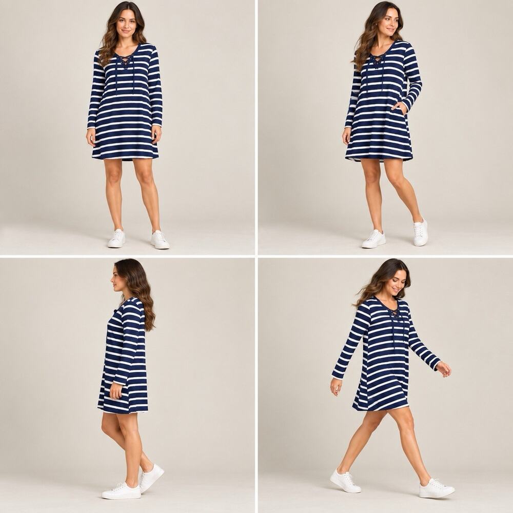 Old Navy Striped Dress Women’s L Navy White Lace Up Long Sleeve